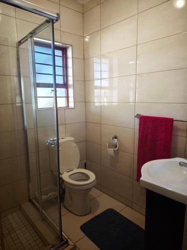a bathroom with a shower and a toilet and a sink at Stay & unwind in Alberton