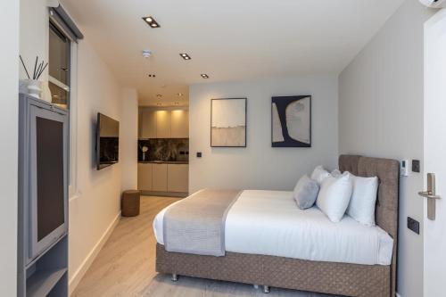 a bedroom with a large bed and a tv at Diff-Rent Studios with gym & Fast Access to Central London & Wembley in Harrow