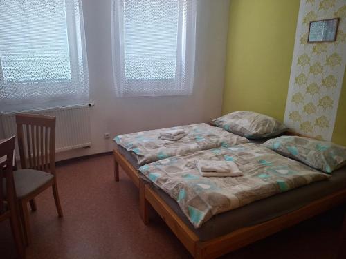 a bedroom with two beds and a chair and windows at penzion BON TRE in Třeboň