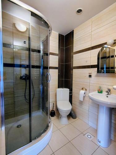 a bathroom with a shower and a toilet and a sink at Pokoje Gościnne Barka - 300m do RESTAURACJI - 900m do JEZIORA i VELO CZORSZTYN in Kluszkowce