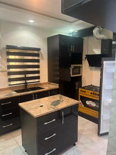 a large kitchen with black cabinets and a counter top at ifetomitola in Iseri-Osun