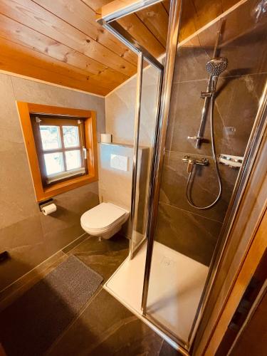 a small bathroom with a shower and a toilet at Moabauer in Wagrain