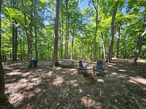 two chairs and a picnic table in the woods at The Hocking Hills Store Campsite #2 in Logan