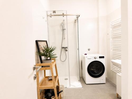 a washing machine in a bathroom with a shower at Cosy Penzing Vienna in Vienna