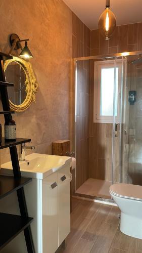 a bathroom with a shower and a sink and a toilet at Ramboia Guest House in São Pedro do Sul