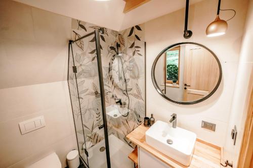 a bathroom with a shower and a sink and a mirror at Duh šume in Kupjak