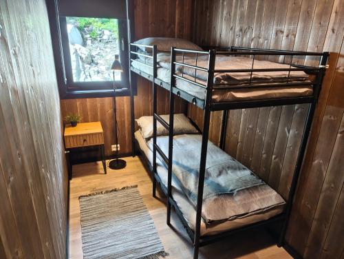 two bunk beds in a room with a window at Eikerapen Panorama in Åseral