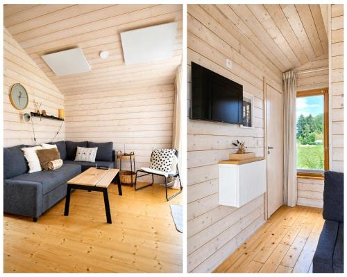 a living room with a couch and a tv on a wall at 309 Stylisches Tiny House für Familien in Bleckede