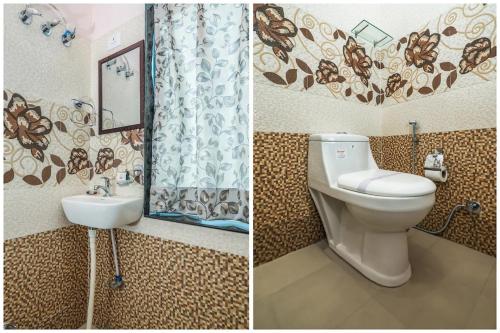 two pictures of a bathroom with a toilet and a sink at Hotel Pleasure Palace in Indore