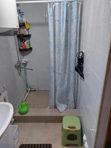 a bathroom with a shower with a shower curtain at Nomad 114 in Balykchy
