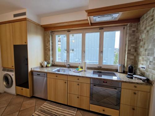 a kitchen with a sink and a window at Splendida dimora vista lago in St. Moritz