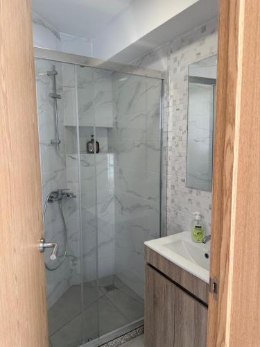 a bathroom with a glass shower and a sink at Lindo Verde T1 in Ventosa