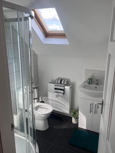 a bathroom with a toilet and a glass shower at Bundoran Holiday Letting in Bundoran
