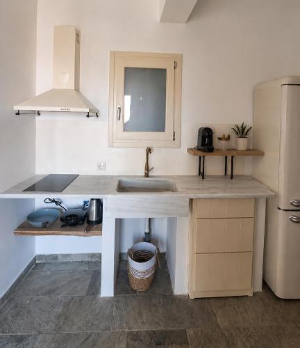 eine Küche mit Spüle und Kühlschrank in der Unterkunft Alchemis in Kardhianí