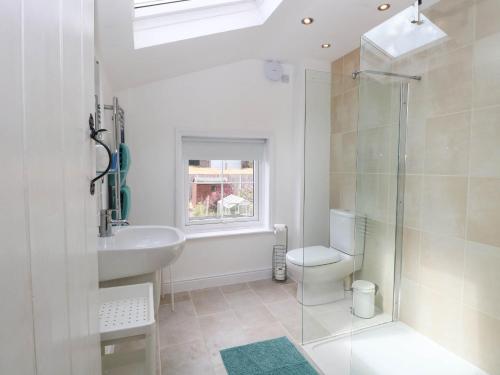 a bathroom with a sink and a toilet and a shower at 19 Covert Road in Southwold