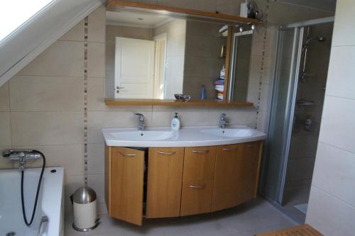 a bathroom with a sink and a shower at Engeset Villa in Volda