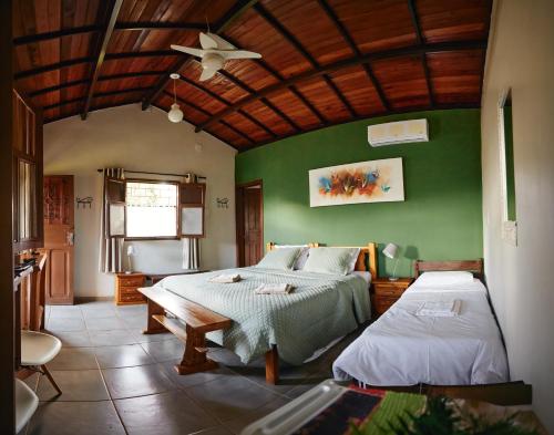 a bedroom with a bed and a green wall at Pousada Capão da Coruja in Santa Bárbara