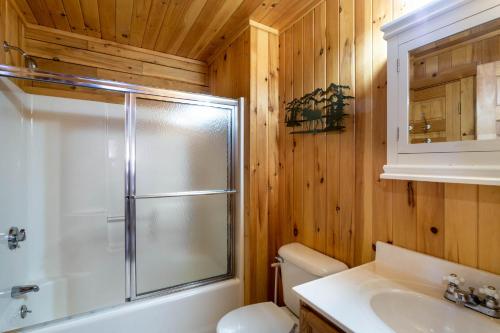 a bathroom with a shower and a toilet and a sink at Rangeley Lake Resort in Rangeley