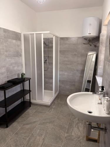 a bathroom with a shower and a white sink at Cascina Tesoriera in Santhià