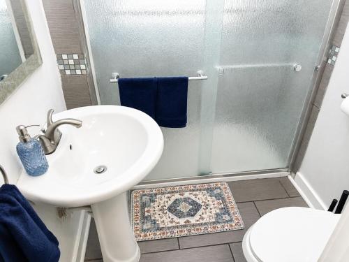 a bathroom with a sink and a shower at Downtown Houston Studio - Walk to Toyota Center in Houston