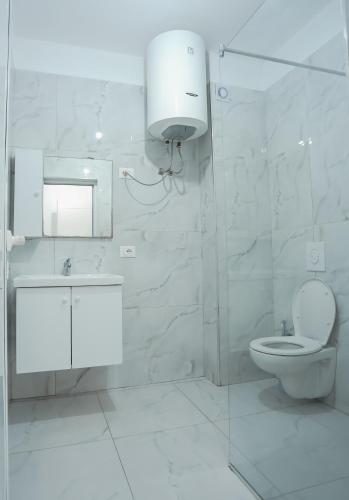 a bathroom with a toilet and a sink and a mirror at EBIS HOTEL in Shëngjin