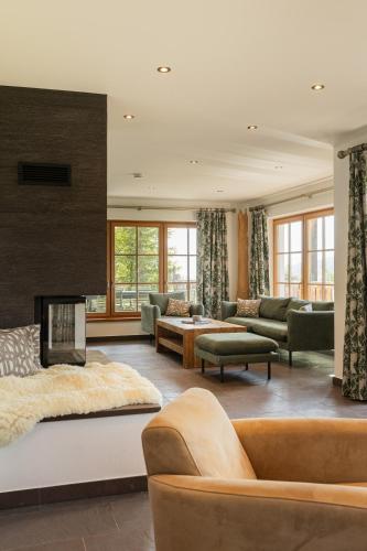 a living room filled with furniture and a fireplace at Alpen Chalet Forest in Mauterndorf