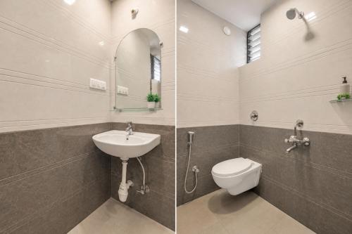 two pictures of a bathroom with a sink and a toilet at Hotel Sawaastic in Calangute North GOA in Calangute
