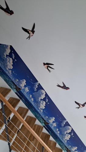 a group of birds flying in the sky at APPLE PARADISE, House of mirrors, self check-in, FREE PARKING in Riga