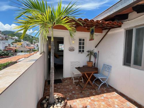 a patio with a table and a palm tree at Le Petit Bonheur - Peaceful Rooftop - 3 min Beach in Puerto Vallarta