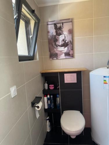 a bathroom with a toilet and a picture on the wall at Normandy lodges in Le Dézert