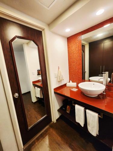 a bathroom with a sink and a large mirror at Fiesta Inn Xalapa in Xalapa