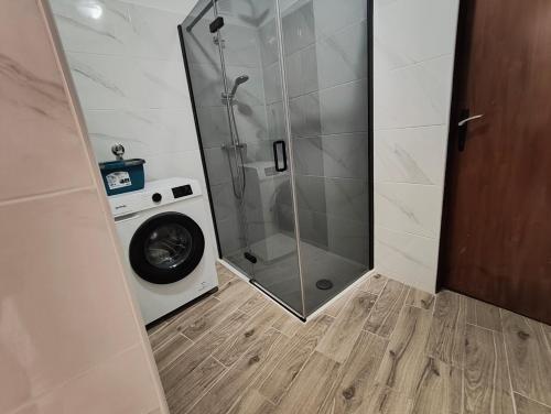 a bathroom with a washing machine and a glass shower at Apartment Batomalj in Baška