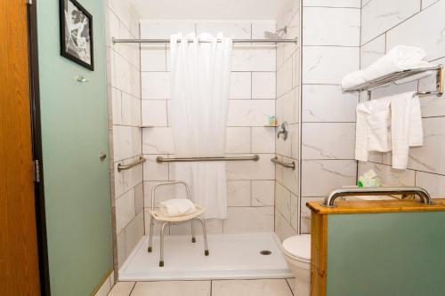 a bathroom with a shower and a toilet at Prospector Hotel & Gambling Hall in Ely