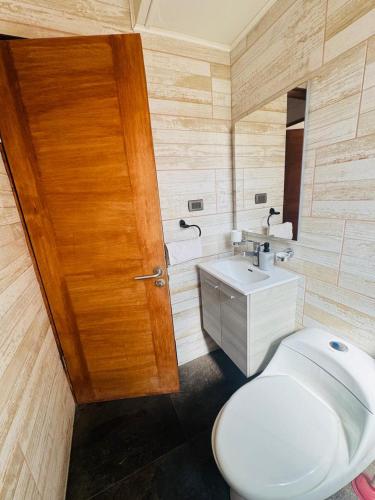 a bathroom with a white toilet and a wooden door at Refugio las pircas in Vicuña