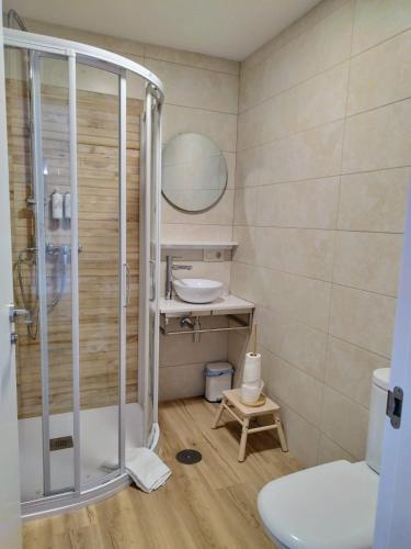 a bathroom with a shower and a toilet and a sink at Alojamiento piñeiro arans in Oroso