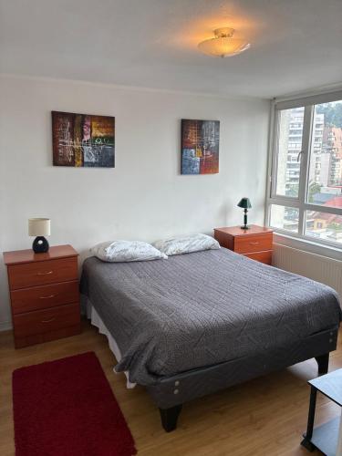 a bedroom with a bed and two dressers and a window at Mirador Parque in Concepción