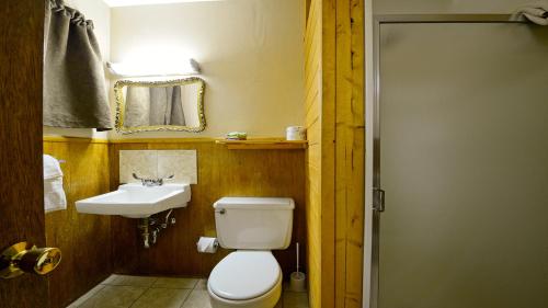 a bathroom with a white toilet and a sink at Arrowhead 18 in Red River