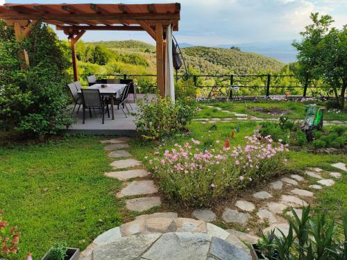 a patio with a table and chairs in a garden at Mikros Paradisos Pelion in Áyios Vlásios