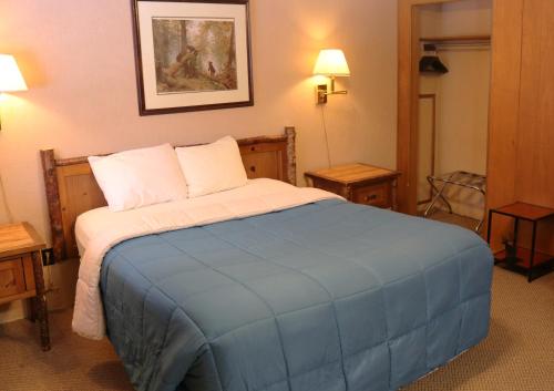 a bedroom with a bed with a blue blanket on it at Arrowhead 02 in Red River