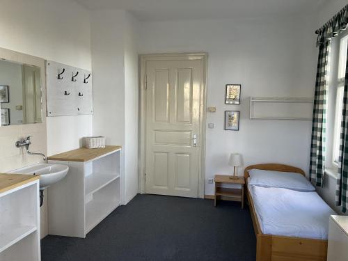a bathroom with a sink and a bed in it at Penzion Hají in Janov nad Nisou