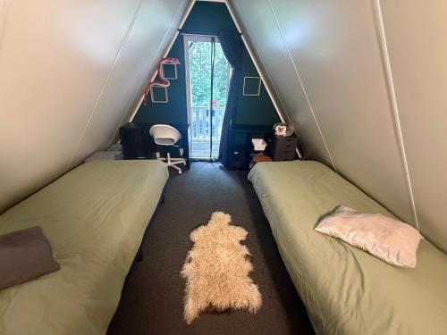 two beds in a dorm room with a rug on the floor at Caseo Gramsbergen in Gramsbergen