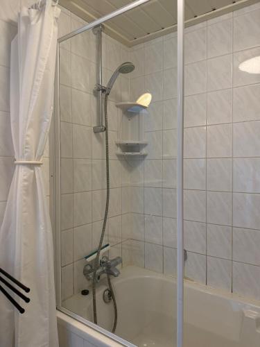 a shower in a bathroom with a glass door at Caseo Gramsbergen in Gramsbergen