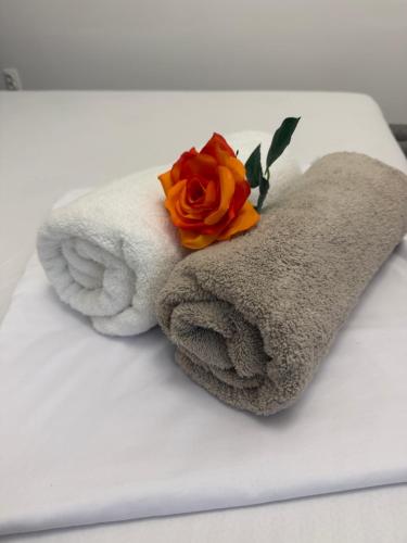 a towel with a rose on top of a bed at The cozy escape in Satu Bucovei