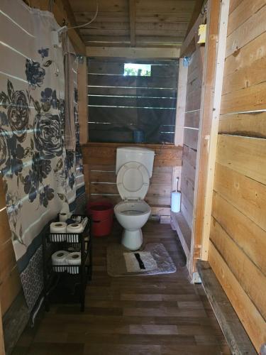 a bathroom with a toilet in a wooden cabin at Pliva Escape in Jezero