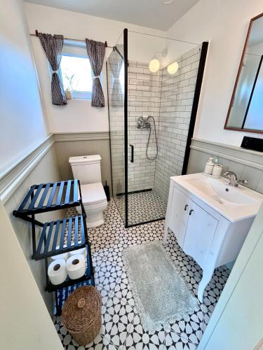 a bathroom with a shower and a toilet and a sink at POLANKA - Krzynki 16A in Krzynki