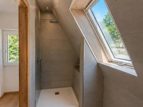 a bathroom with a shower and a window at Haus Anni in Ebermannstadt