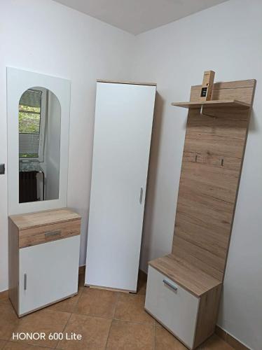 a room with a staircase and a mirror and a shelf at Apartma TI & JAZ in Vrh