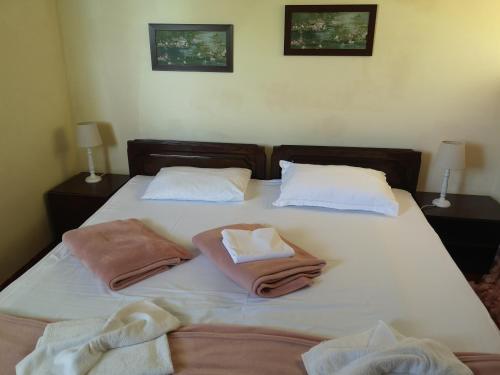 a bed with two towels and two pillows on it at Vila VERA in Mahmudia