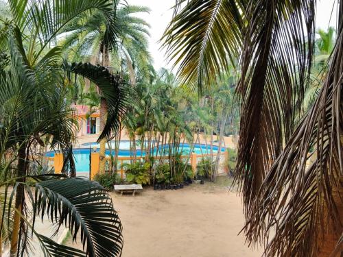 a resort with a swimming pool and palm trees at P'almshore Ecr' Resort in Mahabalipuram