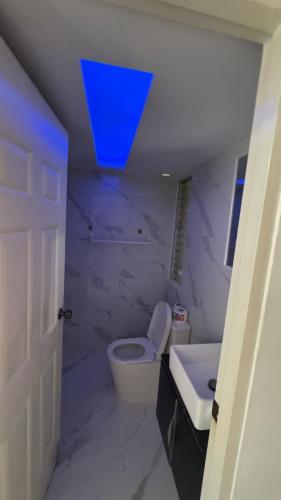 a bathroom with a toilet and a blue light at Palmera africana 1 in Los Paredones